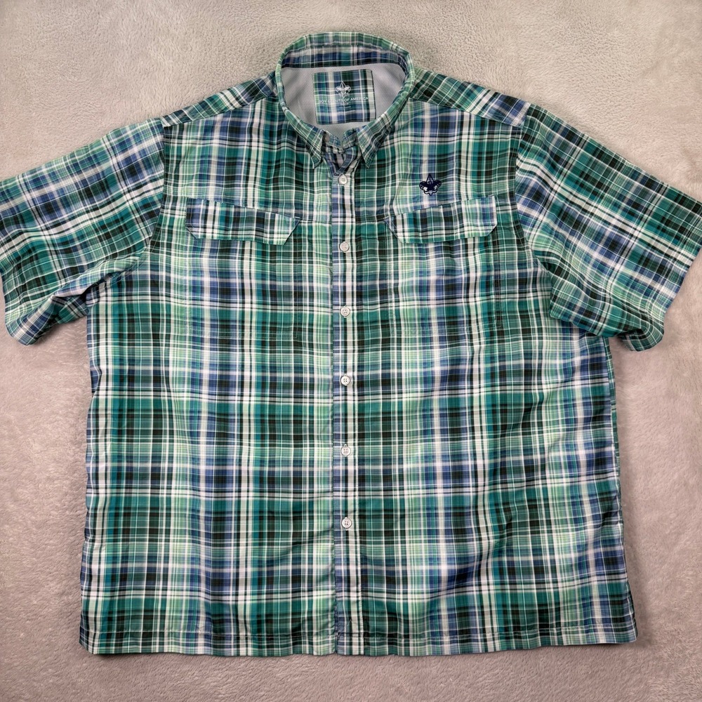 Boys Scouts of America Adult Mens 2XL Plaid Button Shirt Short Sleeve Green Blue